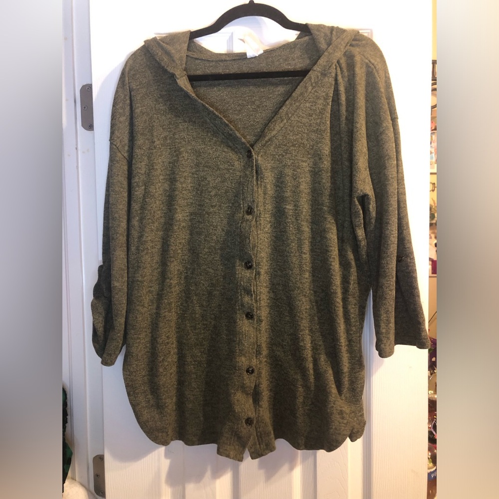 cute button up hooded forest green sweater